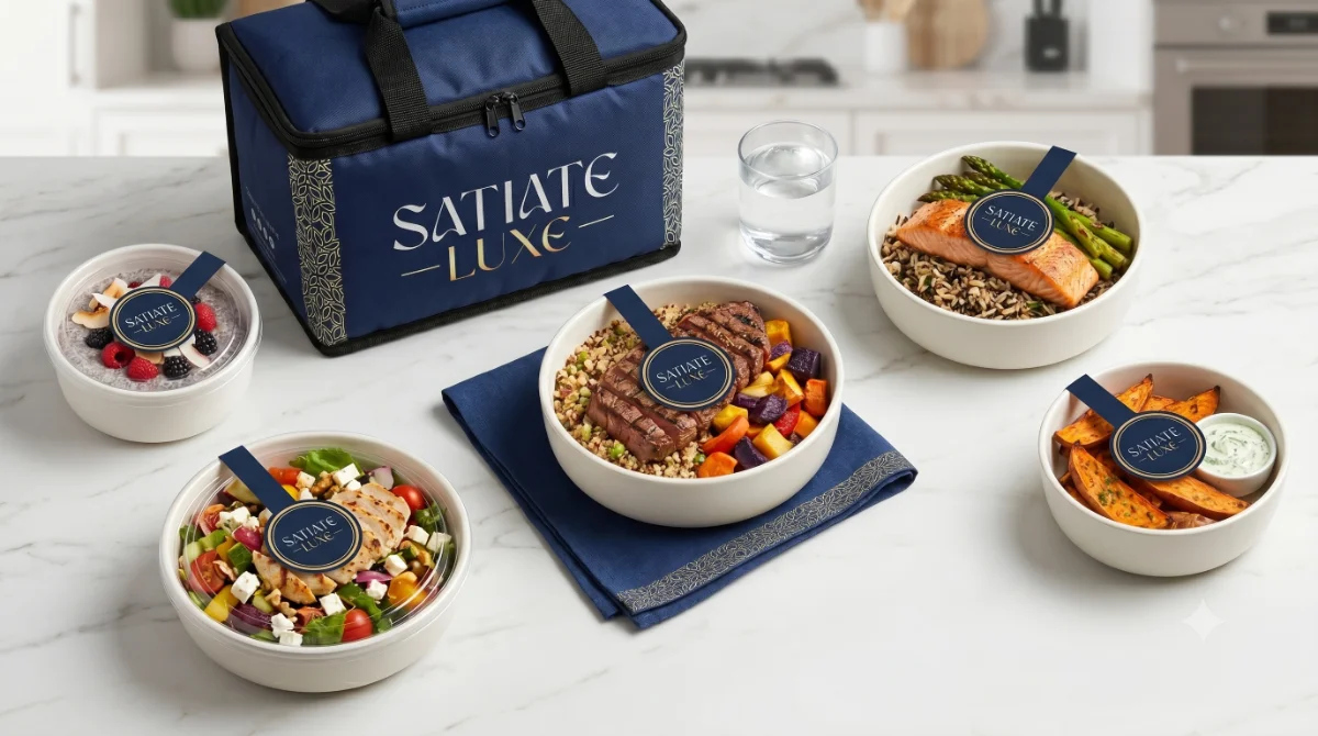 A fresh, beautifully plated chef-made meal — Satiate Luxe daily delivery