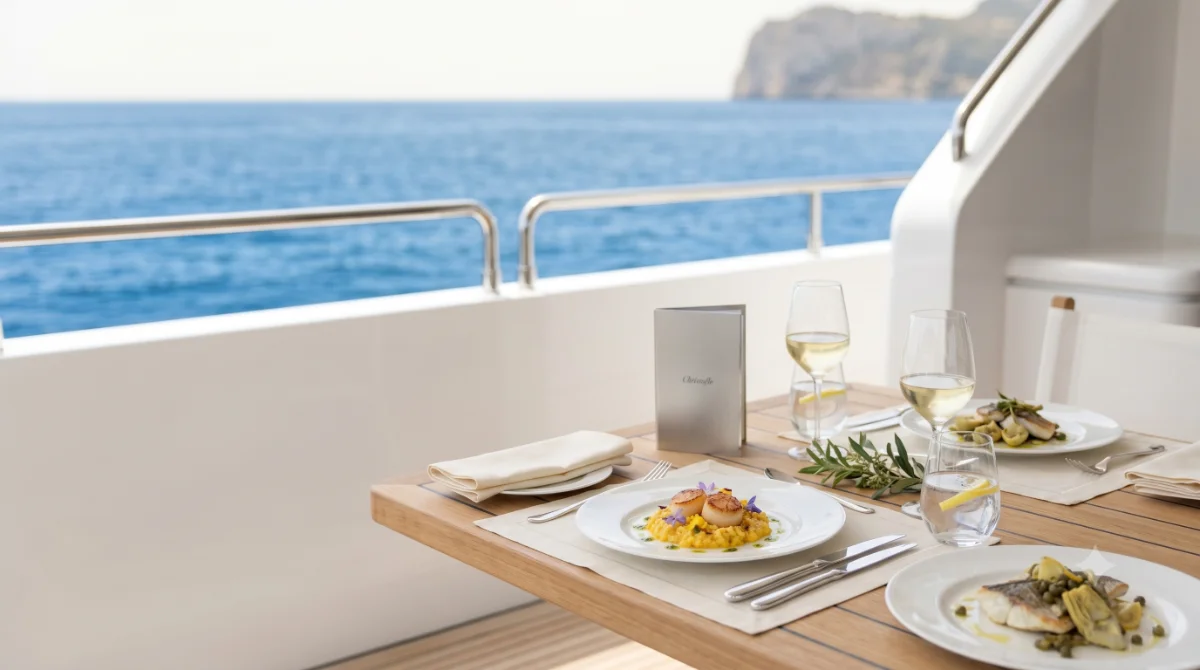 Elevated Mediterranean yacht dining — Satiate Luxe